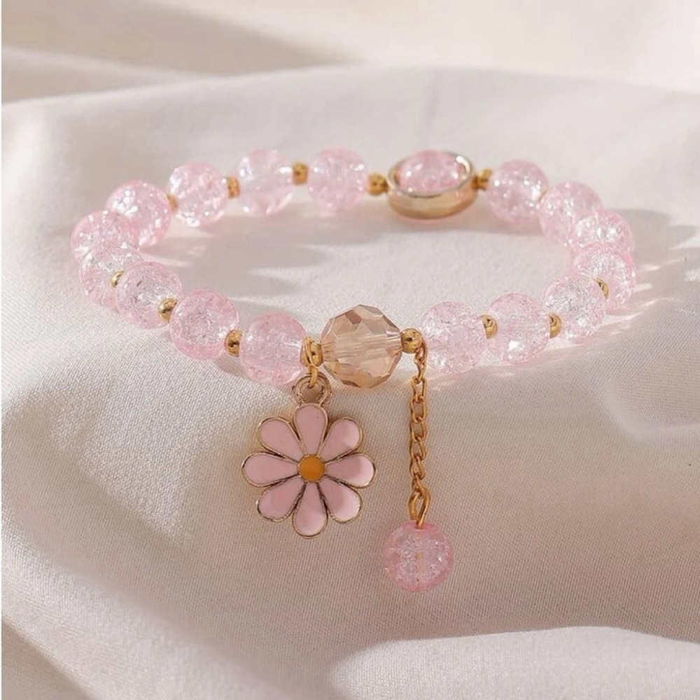 ⚠️Clearance Pink And Gold Flower Charm Beaded Bracelet SS - Picture 1 of 6